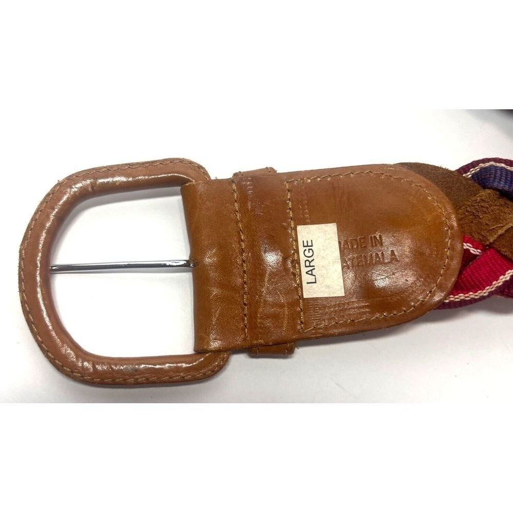 Leather Guatemala Belt Colorful W/ Red Blue Pink & Yellow Woven Strapping Large - Picture 4 of 4